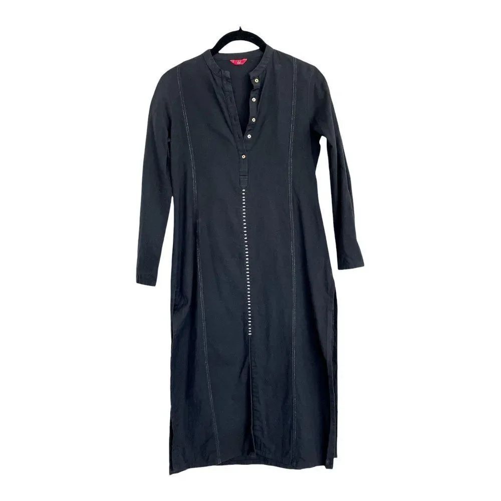 W for WomanβTunic Kurta Top Black Flax Long Sleeve 1/4 Button-Up Solid 6